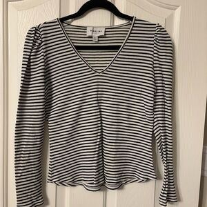 Monrow Black and White Striped V-Neck Long Sleeve Top
